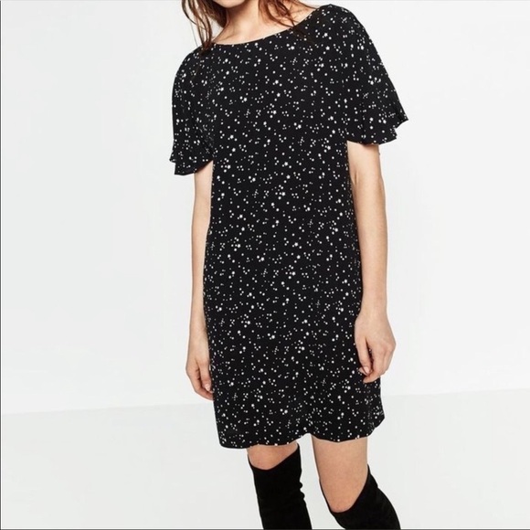 Zara | Black Star Print Ruffle Mini Dress Size Sm - Picture 4 of 15
